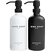 Luxury Glass Hand and Dish Soap Dispenser Set by Brighter Barns - Kitchen Soap Dispenser Set with Stainless Steel Pump for Kitchen Sink - Neutral Modern Farmhouse Home Decor for Airbnb (Black/White)