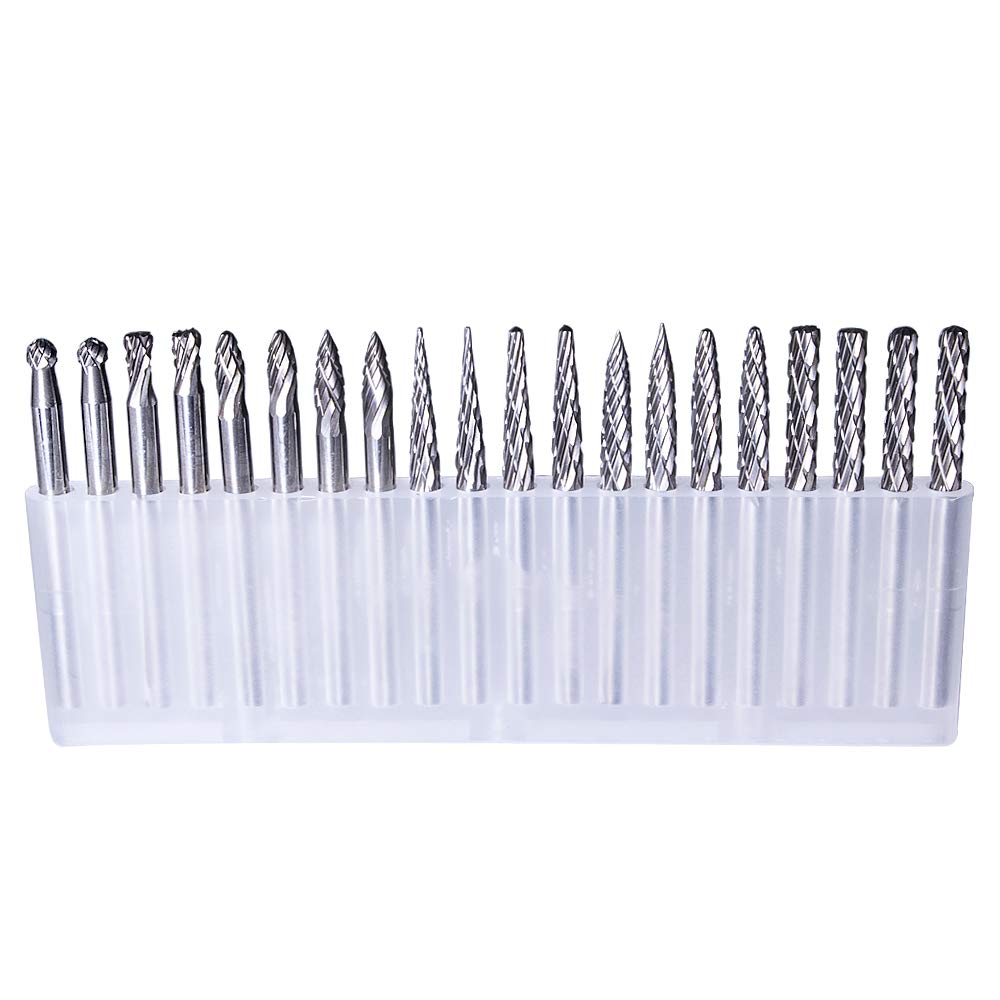 Topbidetec 20pcs Solid Carbide Burr Set 3mm Shank Rotary Files Burr Bits Fit for Dremel and Small Rotary Drill Die Grinder for DIY Woodworking, Carving, Engraving, Drilling, Grinding