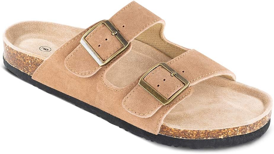 TF STARMen’s Cow Suede Leather Slide Sandals,2-Strap Adjustable Buckle,Casual Slippers, Slide Cork Footbed shoes