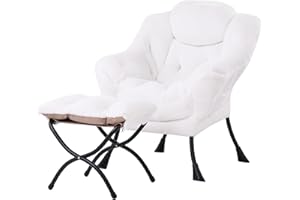 MBOOYOME Lazy Chair with Ottoman, Modern Accent Chair Contemporary Lounge Leisure Upholstered Sofa Chair Set with Armrests, Reading Chair for Living Room, Bedroom, Office, Plush White