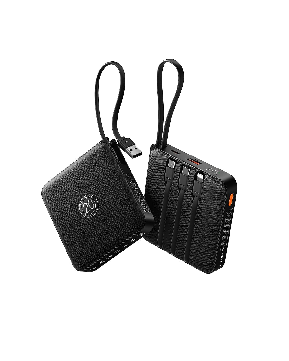 Coowisty Powerbank 22,5W Power Bank mit Kabel 20000mAh USB-C Schnellladung Klein Externe Handyakkus & LED-Display Mini Tragbares Ladegerät Kompatibel mit iPhone 17 16 15 Xiaomi Samsung iPad (Schwarz)