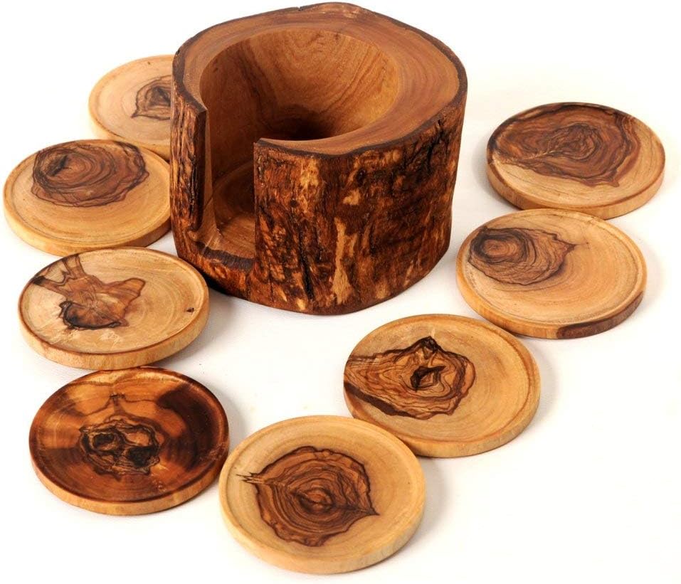 CA Set of 8- Brown Handmade Olive Wood Coasters with Tree Trunk Holder, Wooden Themed Round Shaped Drink Mat, Home Decor Circular Durable Unique Rustic Carved Drinkware, Wood