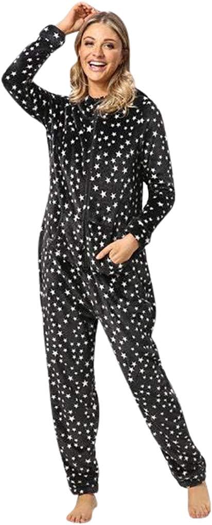 Franterd Women Flannel Jumpsuit Holiday Playsuit Heart Print Hooded Harem Onesies Pajama Pants