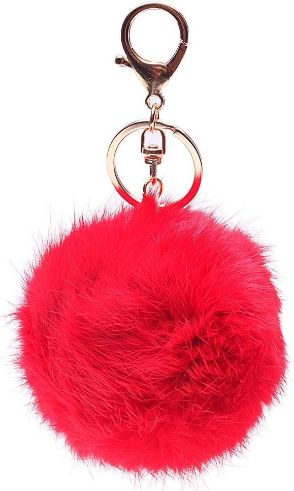 ReNext Novelty Rabbit Fur Ball Charm Key Chain for Car Key Ring or Bag (Red)