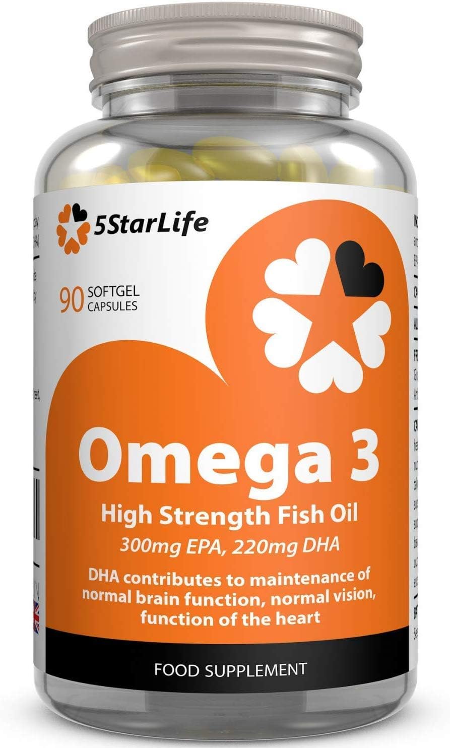 5StarLife Omega 3 Fish Oil Capsules, High Strength, 300mg EPA, 220mg DHA, 90 Softgel Capsules, 3 Months Supply, Made in The UK