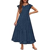 HOSIKA Girls Maxi Dress Ruffle Sleeve Swiss Dot A Line Tiered Flowy Casual Party Dresses with Pockets for 6-12 Y