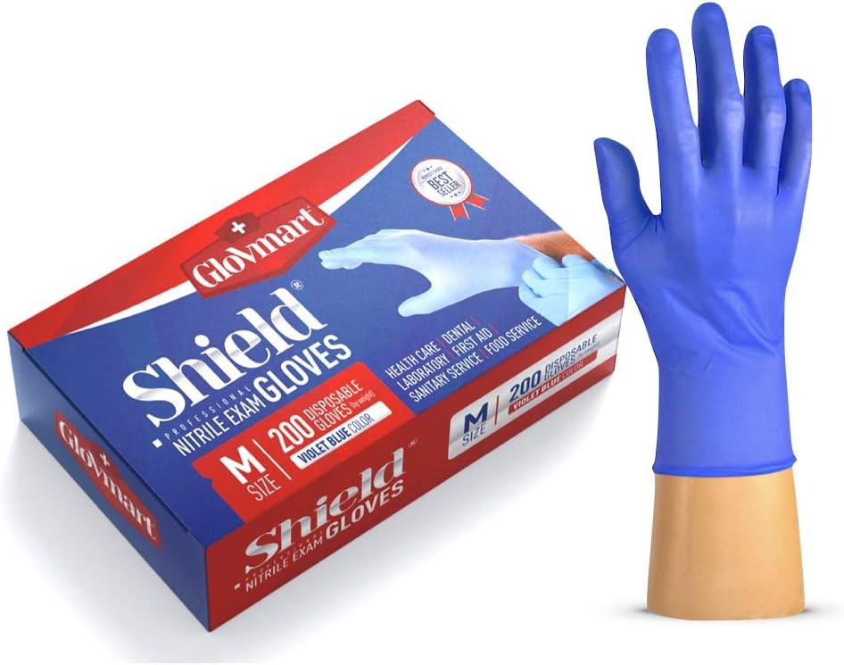 Glovmart Shield Professional Nitrile Exam Gloves - Powder-Free, Latex-Free, Non-Sterile, 4-mil, Box/200, Violet Blue (Medium (200 Count))
