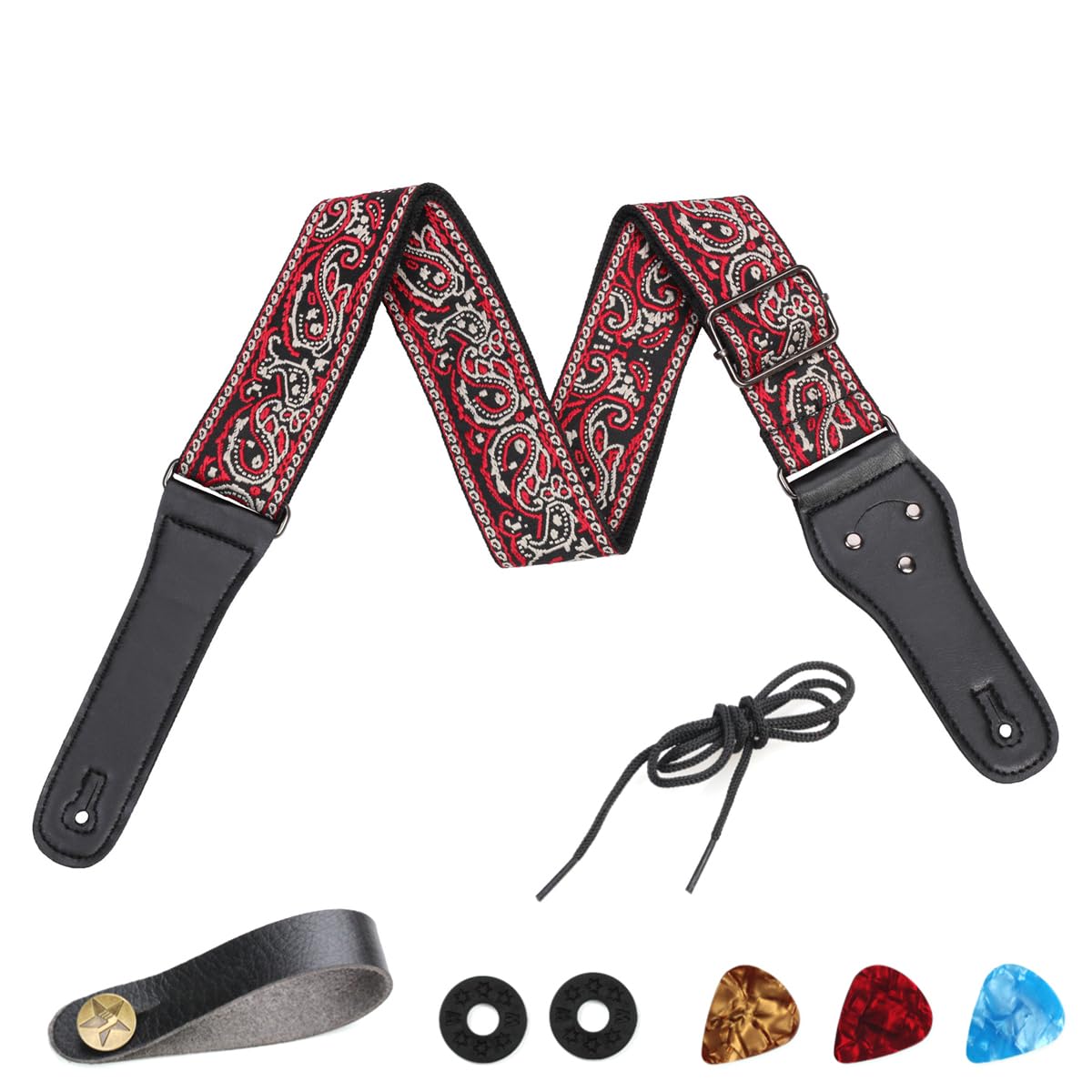 MuzcYM Premium Guitar Strap Tie, Soft Cotton Vintage Guitar Headstock Adaptor Neck Strap Button with 3 Guitar Picks, 1 Rope, 2 Anti-skid Lock, Anti Copper Suited for Acoustic/Electric/Bass Guitars