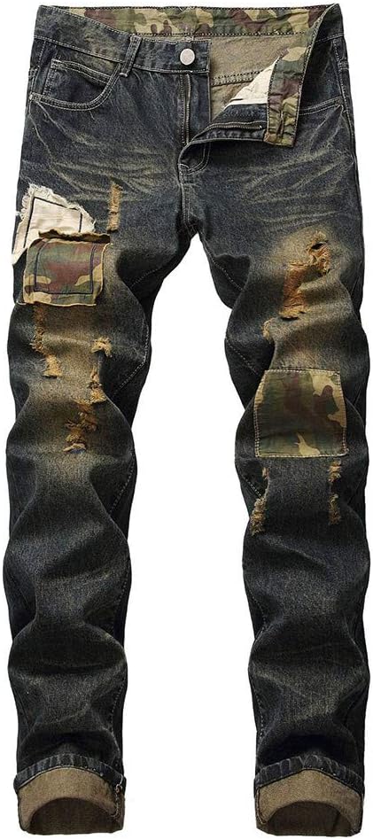Men's Casual Straight Hole Jeans Ripped Distressed Denim Trouser Long Pants