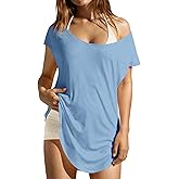 Fisoew Womens Off The Shoulder Tops Oversized T-Shirts Casual Workout Athletic Side Split Tunic Tops Summer 2026