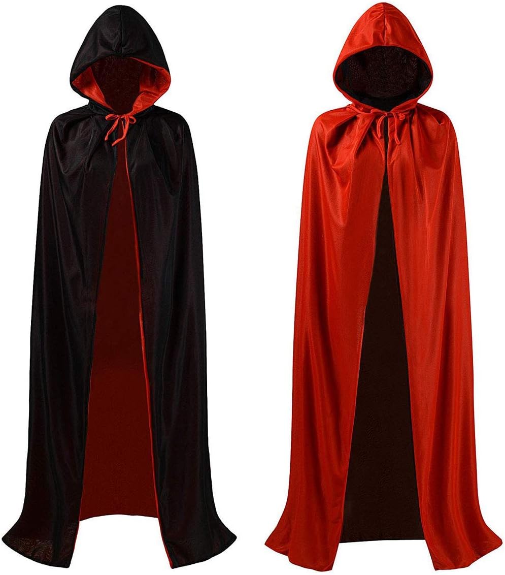 ZOEON Capa con Capucha para Fiesta de Disfraces, Reversible Negro Rojo Capa para Fiesta de Halloween, 140cm