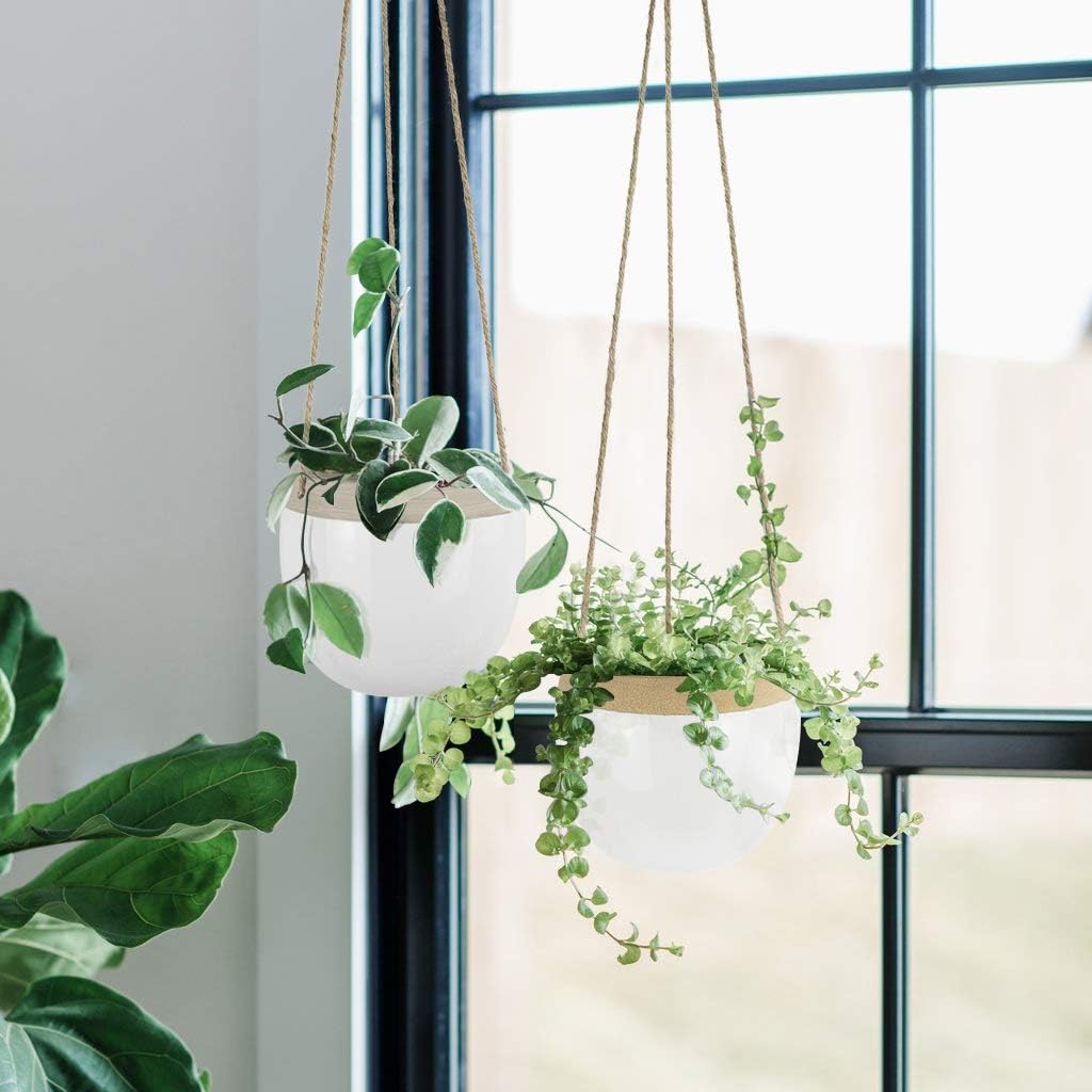 Ceramic Hanging Planters Plant Pots - 5.5 Inch White Indoor Hanging Pots Modern Plant Holder with Jute Rope for Succulents Cactus Herbs Small Plants, Home Decor Gift, Set of 2: Garden & Outdoor