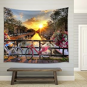 Beautiful Sunrise Over Amsterdam, The Netherlands, with Flowers and Bicycles on The Bridge in Spring - Fabric Wall Tapestry Home Decor - 51x60 inches