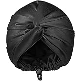 Sleeping Hair Bonnet Sleep Hair Wrap Night Hair Cap Faux Silk Head Wrap Head Cover Sleeping Hat with Elastic Adjustable Button for Women Black