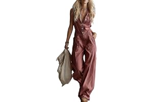 Women's Casual Jumpsuit Dressy V Neck Sleeveless Button Down Retro Wide-Leg Pant Vintage Western Romper