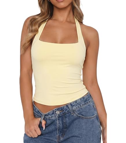 QINSEN Women Halter Neck Sleeveless Shirt Y2K Going Out Double