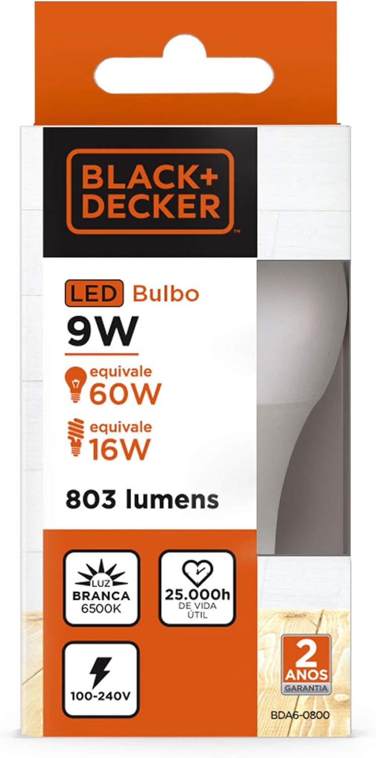 Lâmpada Bulbo Led A60 9W 6500K Branca E27 Bivolt-Black+Decker-Bda6-0800-02 (7898638300455)