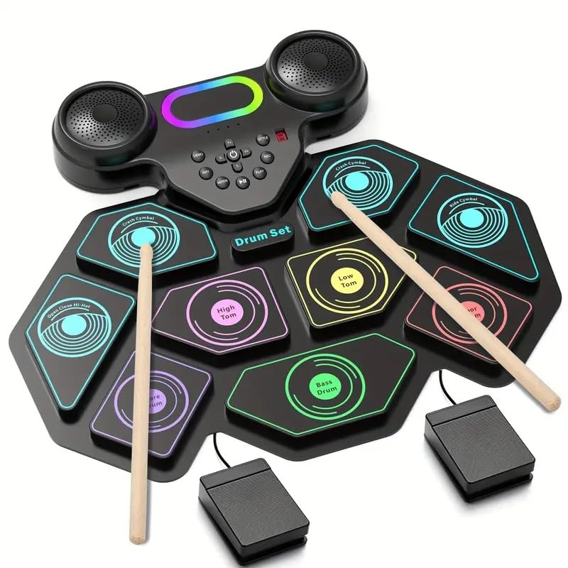 Photo 1 of 2025 Upgrade Electronic Drum Set 9-Pad Roll-Up – Portable Silicone Drum Kit with 2 Pedals, Built-in Speakers, MIDI & Headphone Jack – Ideal for Practice & Travel (Stripe pattern)