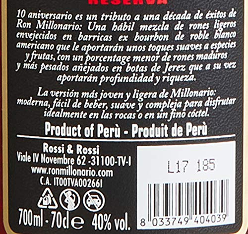 Ron Millonario | 10 Reserva Aniversario| 10 Jahre gereift | Noten von Südfrüchten, Eichenholz & Rauch| Exquisiter Column Still Premium Rum | Hergestellt aus peruanischem Zuckerrohr |700ml | 40% vol. – Bild 4