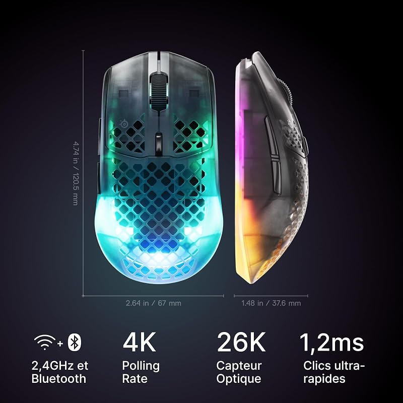 Aerox 3 Wireless Gen 2 - Souris 68 g, Polling Rate 4K (4000 Hz), Capteur Optique 26K DPI, Batterie 200h, Étanchéité IP54, Switchs 80 Millions de Clics, RGB, Patins 100% PTFE, Shadow
