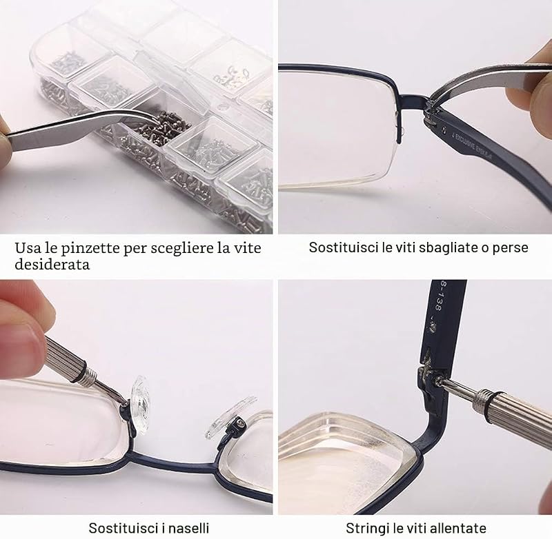 Kit di riparazione per occhiali da vista, 1100 viti minuscole e 5 paia di naselli in acciaio inox, con micro cacciavite, pinzette per occhiali, occhiali da sole, riparazione orologi — foto 6 di 7