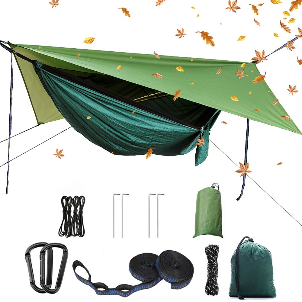 Camping Hammock Set, Single Double Hammock, Mosquito Net, Insect Net, Rain Fly, High Strength Parachute Fabric Hanging Bed, Suitable for Outdoor, Hiking, Camping, Travel, Dark Green