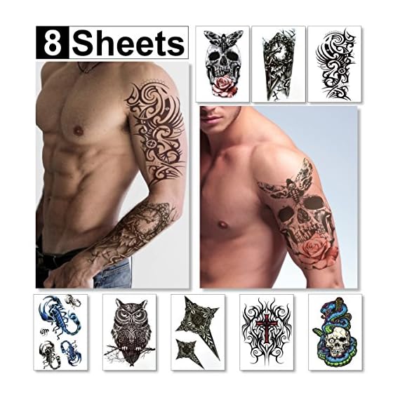 Temporary-Tattoos-for-Men-Guys-Teens-Fake-Tattoo-Stickers-8-Large-Sheets-Tattoos-for-Boys-Biker-Tattoos-Rocker-Transfers-for-Arms-Shoulders-Chest-Back-Body-Art-Tattoo-Sticker-Waterproof-Black