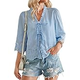 Falechay Tie Front Tops for Women V Neck 3/4 Sleeve Shirts Hook Flower Embroidered Eyelet Cute Blouses Lace Hem Boho Clothes