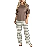 winkbay Women's Plus Size 2 Piece Pajama Set Summer Crew Neck Half Sleeve T Shirt and Striped Pants Loungewear