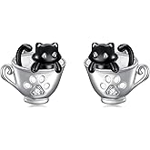 LWXIE Diamond Black Cat Earrings for Women 925 Sterling Silver Cup Cat Stud Earrings Cute Pet Stud Earrings Jewelry Gifts