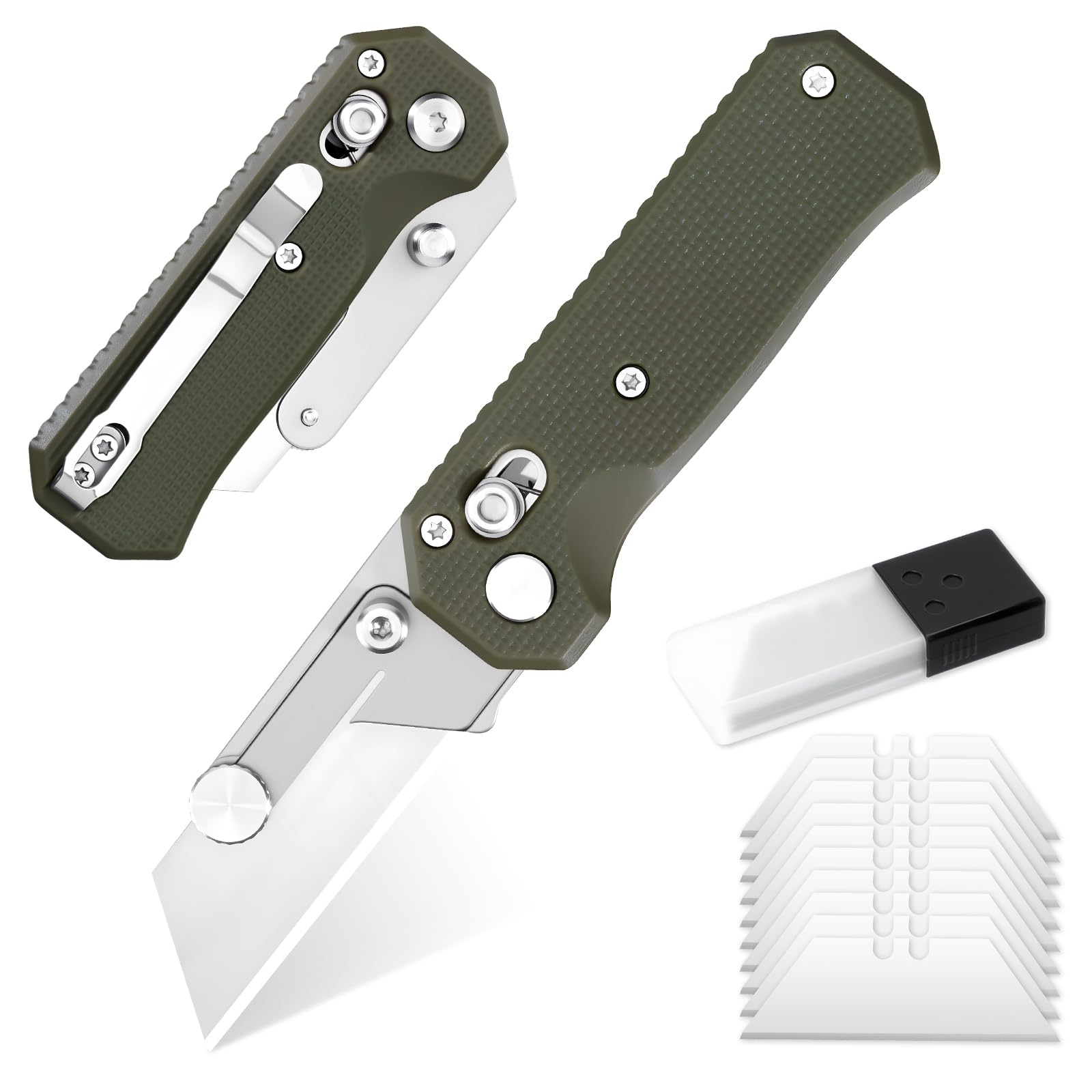 Photo 1 of Folding Utility Knife with 10Pcs Blades, EDC Quick Change Box Cutter with Clip Rail Lock, Green Razor Knife for Men Office Factory Work