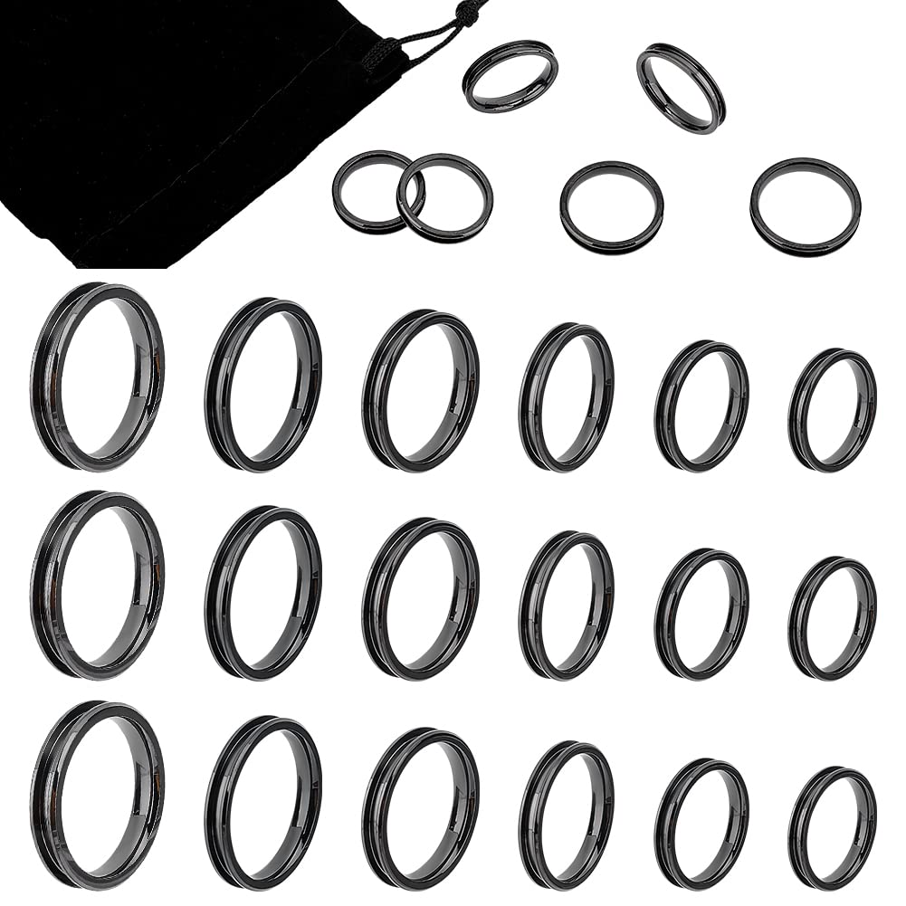 UNICRAFTALE 18pcs 6 Sizes Black Stainless Steel Core Blank Finger Ring with Velvet Pouches - Hypoallergenic Inlay Round Grooved Empty Ring Blanks for Jewelry Making — image 1