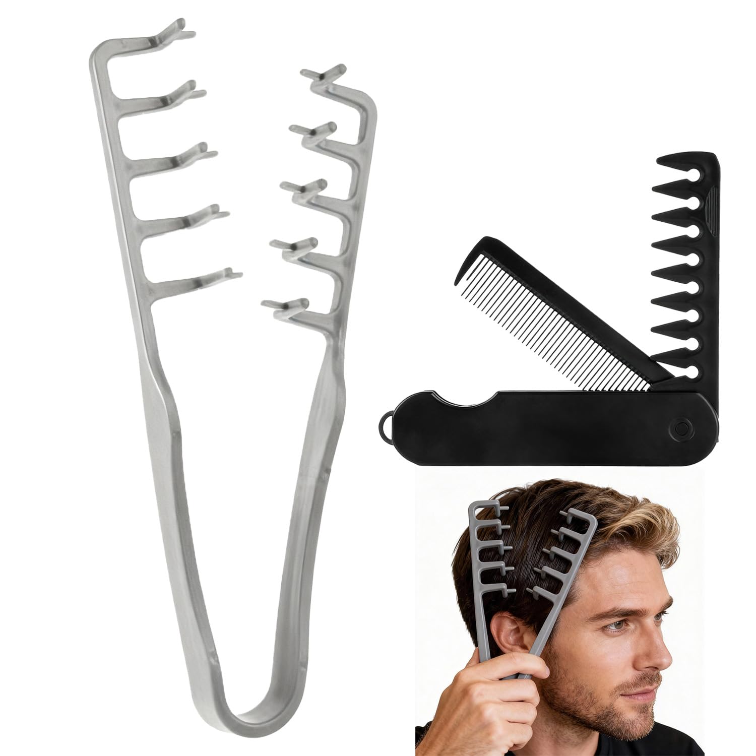 Photo 1 of 1 SET Texture Comb, Voluminous Wide Toothed Hair Comb for Men, 2-in-1 Wide & Fine Tooth for Fluffy Texture and Styling, Travel Folding Comb with Textured Grip, Portable ABS Plastic Design