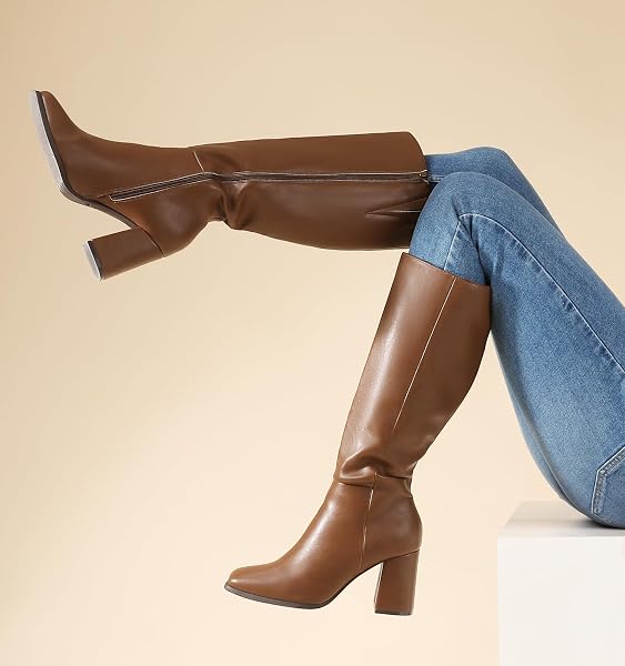 ANKIS KNEE HIGH BOOTS FOR WOMEN SQUARED TOE CHUNKY HIGH HEEL WITH SIDE ZIPPER LONG BOOTS