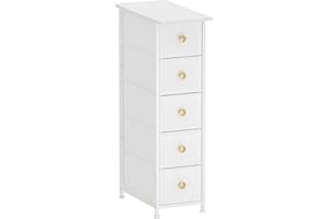 GiftGo Narrow Dresser Cabinet Vertical Slim Dresser Chest of Drawers Skinny Storage Tower for Small Spaces Gaps Closet Bedroom Bathroom Small Fabric Drawer Unit (White, 5 Drawers)