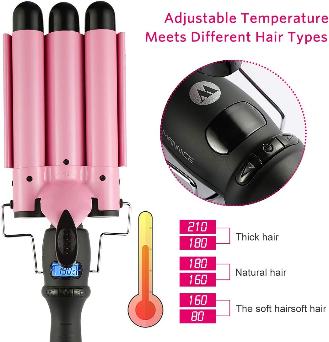 3 Barrel Curling Iron Crimper Hair Iron, 1 inch (25mm) Beach Waves Curling Iron with Temperature Adjustable Wave Wand, Crimper Hair Waver Iron Curler Hair Curler (25mm with LCD): Health & Personal Care