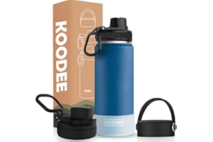 koodee Small Water Bottle for kids 12 oz Stainless Steel Double Wall Vcuum Insulated Wide Mouth Water Bottle with 3 Lids, Reusable Metal Sports Water Flask for Boys(Navy)