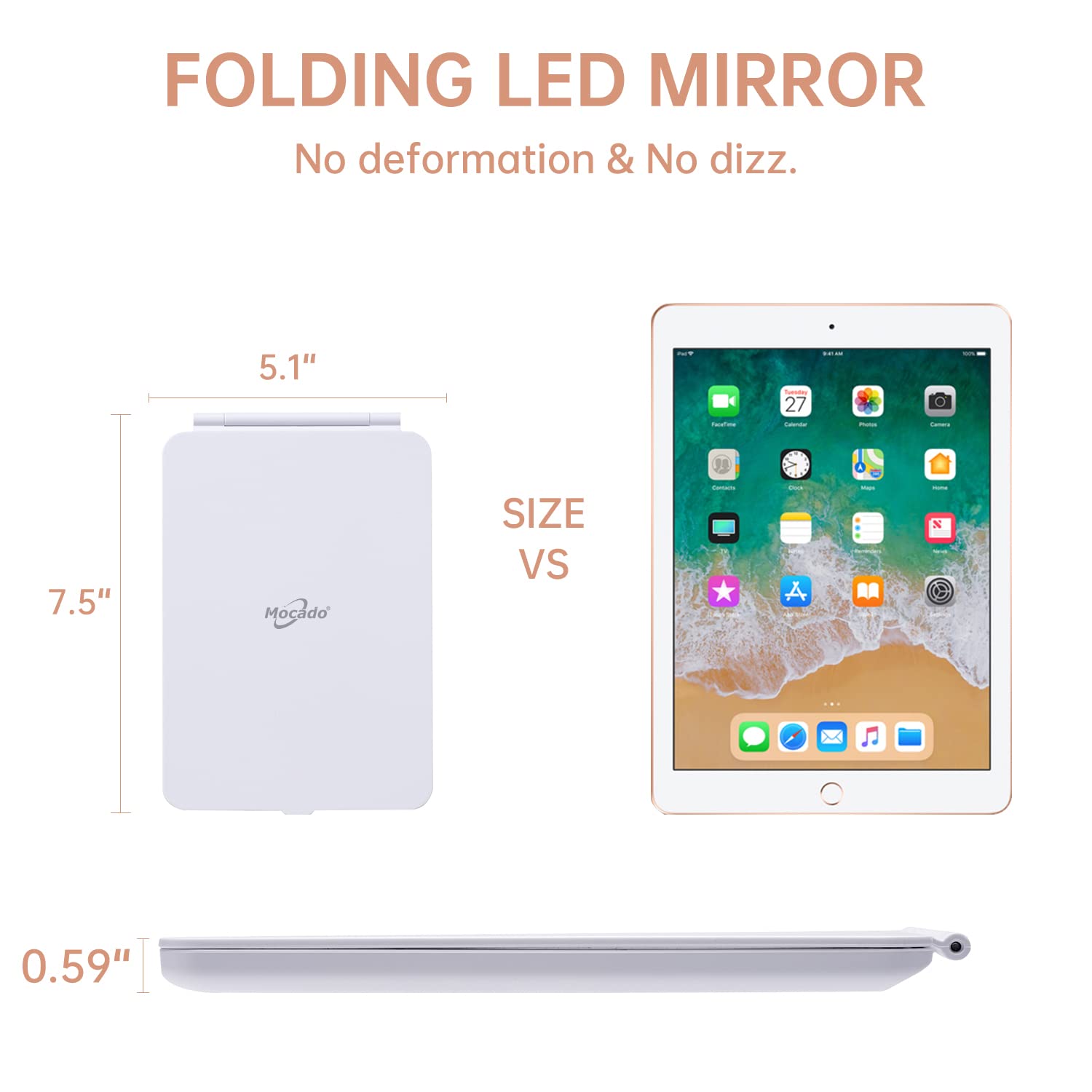 LED Foldable Travel Makeup Mirror - 5x7 inches 3 Colors Light Modes USB Rechargeable Touch Screen, Portable Tabletop Cosmetic Mirror for Travel, Cosmetic, Office (White)