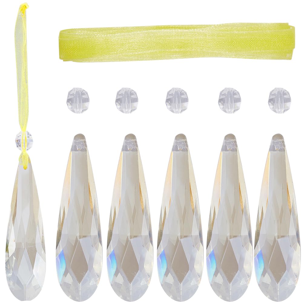 SOFPLATE 1 Box 6 Pack 76mm Crystal Prisms Hanging Crystals Chandelier Gold Teardrop Crystal Ornaments Glass Chandelier Prisms Pendants for Christmas Tree Wedding Party Holiday Home Decoration Supplies