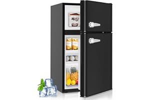 Kismile Mini Fridge with Freezer,3.2 Cu.Ft Compact Mini Refrigerator with Double 2 Door,Adjustable Temperature,Full Size for Home,Kitchen,Dorm,Apartment,Retro Black