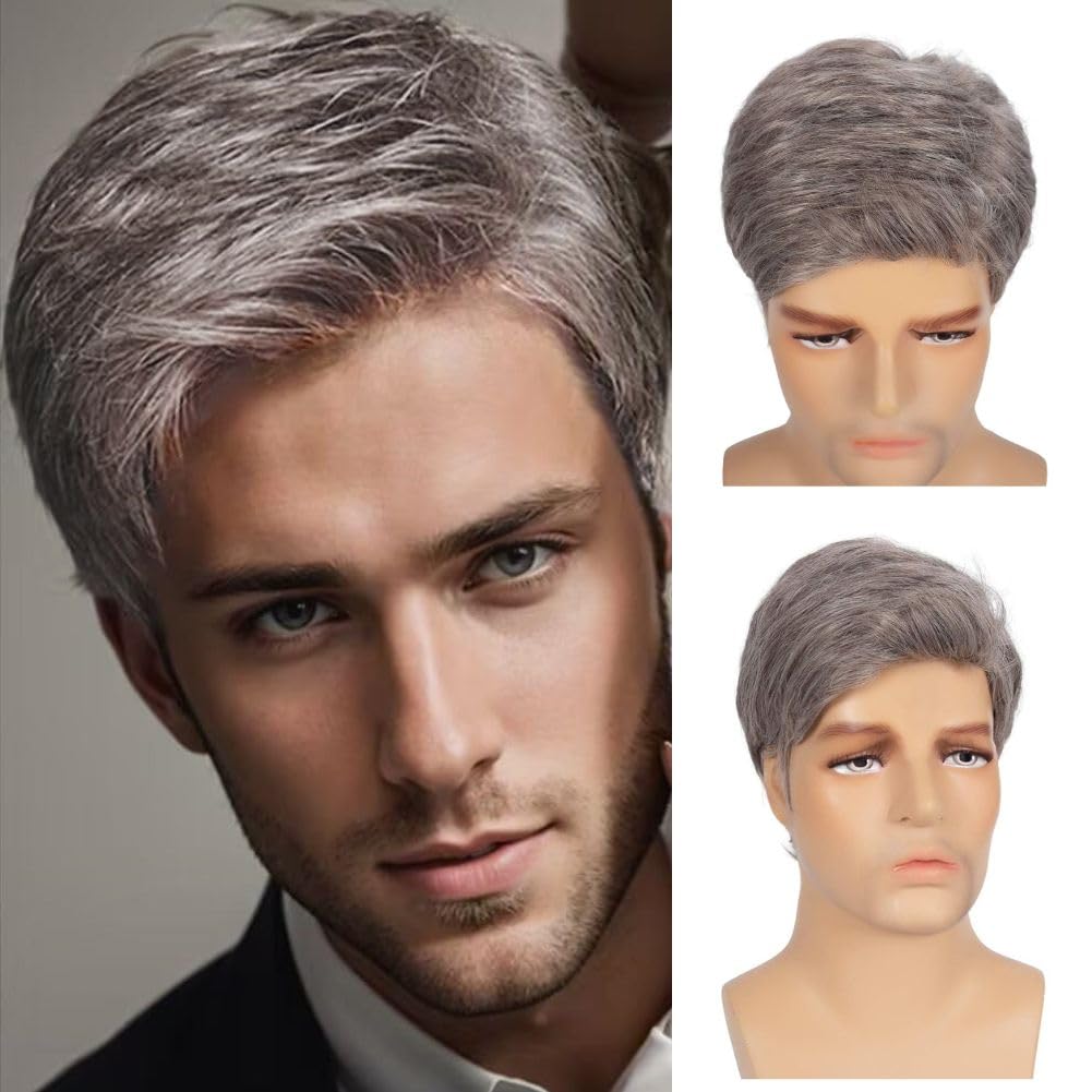 Siudus Mens Light Brown and Grey Short Wig Straight Side Part Synthetic Heat Resistant Fiber Old Men Hair Wig for Daily Use (Brown Grey) — image 1
