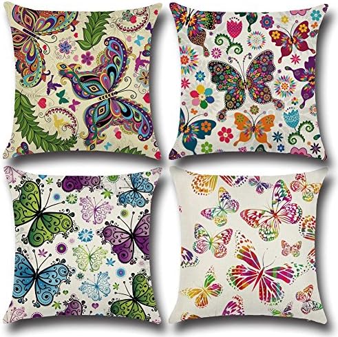Throw Pillow Cover 18x18" Set of 4- QISHOP Linen Cotton Blend Decorative Design Zippered Sofa Home Decor(Butterfly)