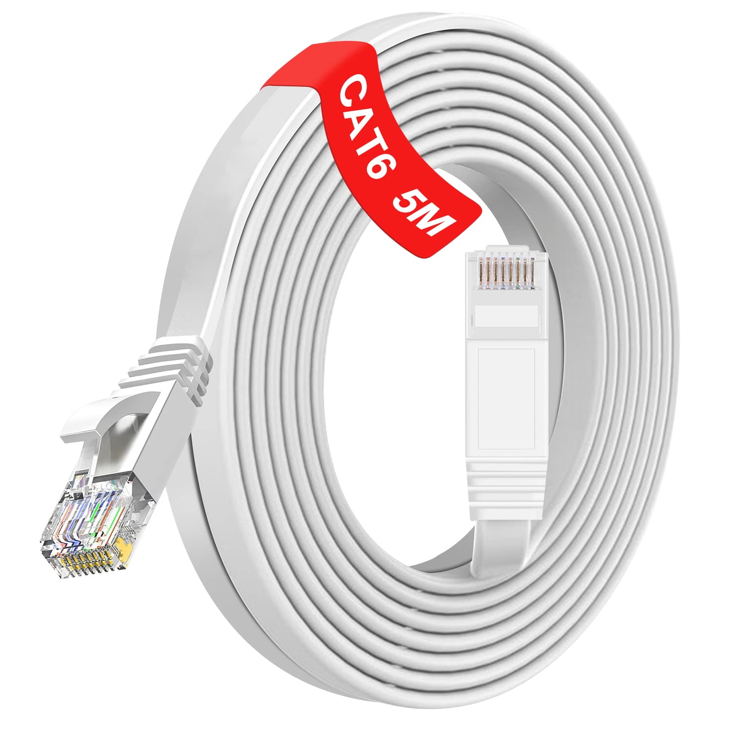 TBMax Flat 5m Ethernet Cable Cat6 High Speed Gigabit Lan Cable 1Gbps RJ45 POE Network Cable - Short Internet Patch Cable for Modem,Router, Compatible with Cat5/5e,Cat7,White(5Meter)