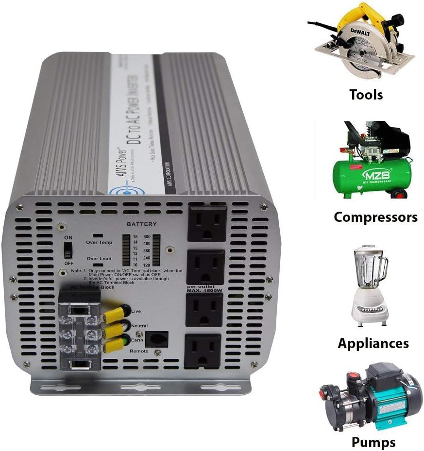 AIMS Power 5000 Watt Modified Sine Power Inverter 12Volt DC to 120 Volt AC with GFCI Outlets and AC Terminal Block: Electronics
