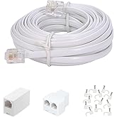 Long Telephone Extension Cord 20 FT, White, Phone Cable Wire with Standard RJ11 Plug, 1 Phone Line Splitter, 1 in-line Coupler and 15 Cable Clips for Telephone Calling Communication