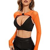 Century Star Mesh Crop Tops for Women See Through Shrug Long Sleeve Open Front Fishnet Cover Up Sexy Rave Outfits Sheer
