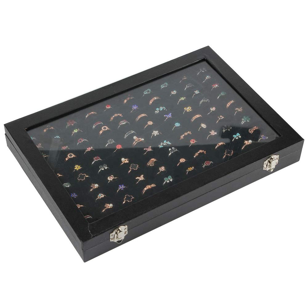 Ring Display Case Organizer Box with Transparent Lid, Ring Holder Showcase For Store Display Jewelry Show Home, Ring Organizer For Jewelry Rings, Studs Earrings (100 Slot, Black)