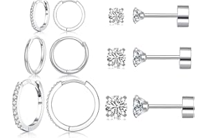 JUICFRU 6 Pairs Sterling Silver Earrings Sets for Multiple Piercing Small Silver Huggie Hoop Flat Back Surgical Steel Tiny CZ Stud Earrings for Women Trendy Cartilage Hypoallergenic