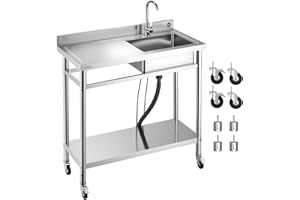 VEVOR Stainless Steel Utility Sink, Rolling Single Bowl Commercial Kitchen Sink with Wheels, Faucet and Hot & Cold Water Pipe