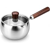 Small Stainless Steel Pot with Wooden Handle &amp; Pour Spout &amp; Lid, Coffee &amp; Milk Warmer Pot, Butter Warmer Pan for Heating Sauces Coffee Oil Seafood Melting Chocolate Frying Eggs